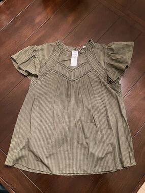 LOFT Olive Green Ribbed Flutter Sleeve Top with Lace Yoke